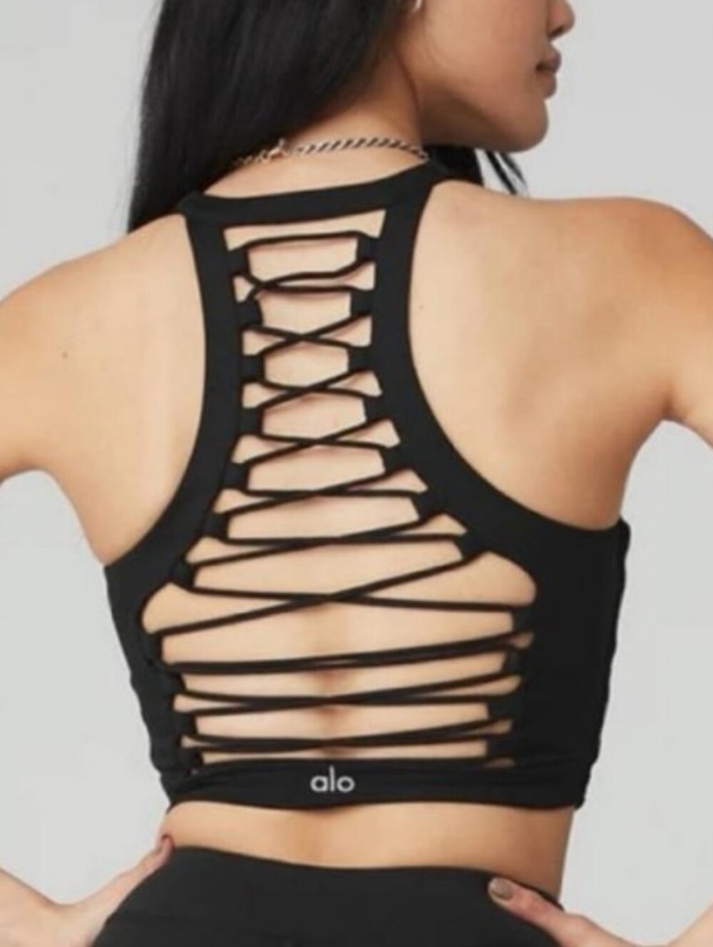 ALO Yoga Black Logo Activewear Top With Open Strappy back.